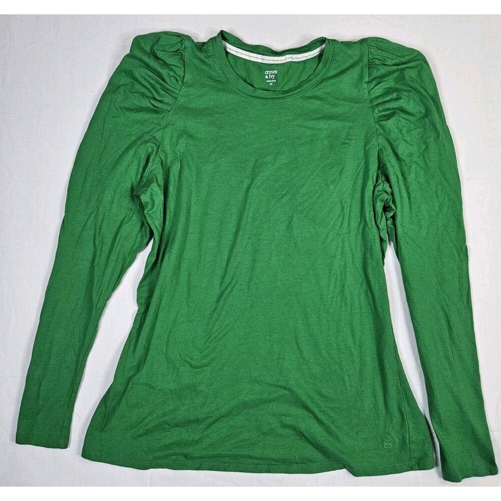 Crown & Ivy Shirt Women's Size 1X Green Puff Long Sleeve Top T-shirt
